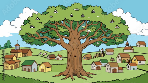 In the center of the village stands an ancient oak tree its thick branches stretching out over the village in a protective embrace. Local legend says. Cartoon Vector.