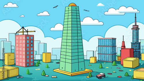In the bustling city there stands a towering skyscr that has never been fully completed. The top floor remains empty and unfinished a constant. Cartoon Vector.