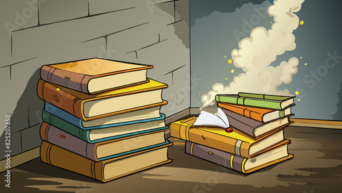 In the corner of the room sat a much of old books each with tattered covers and yellowed pages. The musty scent of aged paper wafted from the stack. Cartoon Vector.