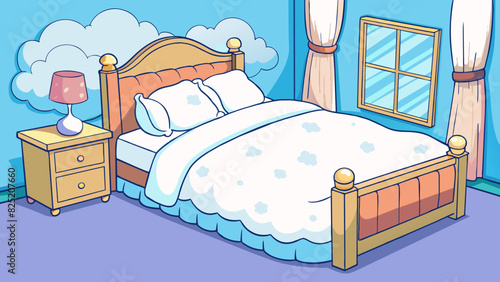 In the corner of the cozy bedroom sat a plush bed covered in soft white linens. The comforter was thick and inviting with a delicate floral pattern. Cartoon Vector.
