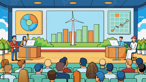 In the crowded town hall a panel of experts sat on stage discussing the future of sustainability and renewable energy. PowerPoint slides projected. Cartoon Vector.