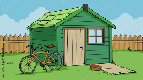 In the far corner of the backyard there was a small shed with peeling green paint. The roof was slightly caved in and a rusted bicycle leaned against. Cartoon Vector.