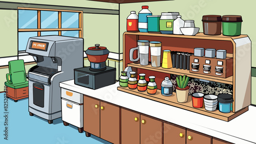 In the corner of the busy office a large wellstocked coffee station stood. It featured a shiny espresso machine a variety of syrups creamers and. Cartoon Vector.