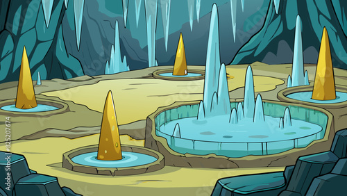 In the dimly lit cave the water steadily dripped away from the jagged stalactites forming small pools at the bottom that glittered in the faint. Cartoon Vector.