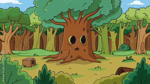In the forest we stumbled upon an especial tree with gnarled branches and a hollow trunk perfect for hiding treasures.. Cartoon Vector.