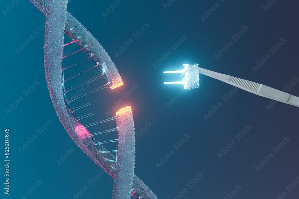 © Giada Canu/Stocksy - 3D Render of Precision Gene Editing Tool with DNA Strand
