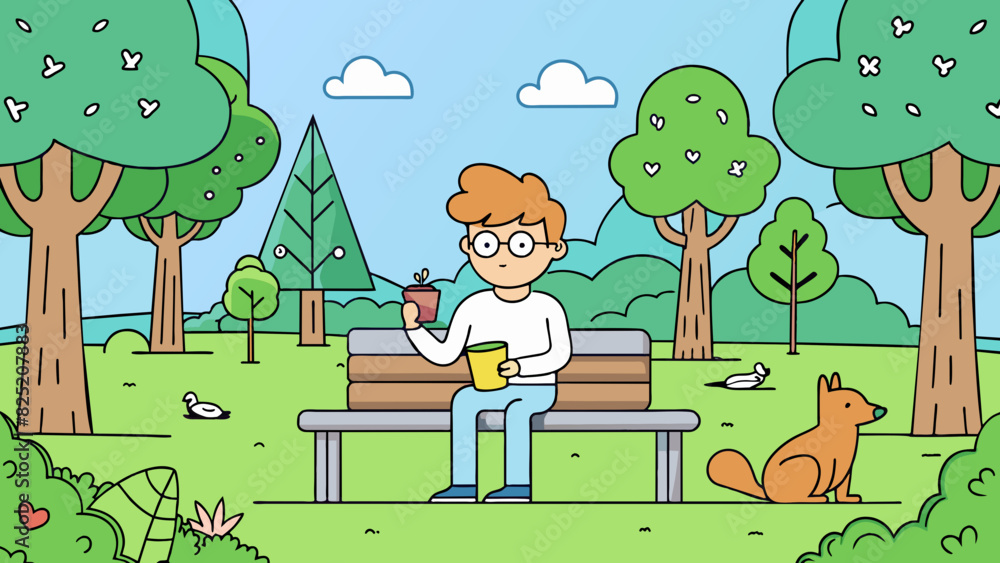 Fototapeta premium I was enjoying a quiet afternoon in the park surrounded by tall trees and chirping birds when suddenly a squirrel scurried up the bench next to me its. Cartoon Vector.