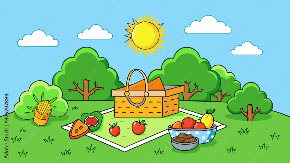 June The sun is shining brightly in this summer month casting long shadows as it sets in the evening. In the foreground a picnic blanket is spread out. Cartoon Vector. June The sun is shining brightly in this summer month casting long shadows as it sets in the evening. In the foreground a picnic blanket is spread out. Cartoon Vector.