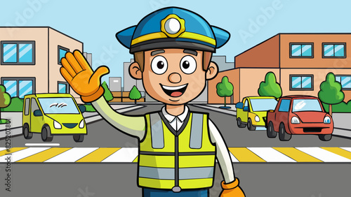 In the middle of a bustling street an officer directs traffic with confident hand gestures and a loud whistle. His bright reflective vest and whistle. Cartoon Vector.