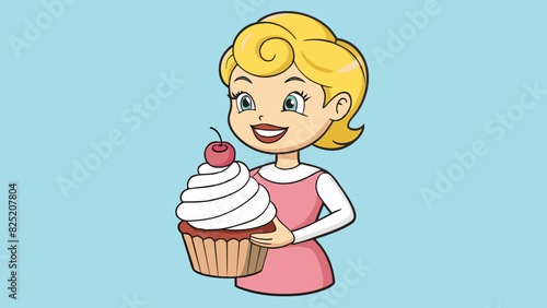 In the second illustration a young girl is holding up a perfectly frosted cupcake with vanilla cream swirled on top and a pink sugar rose delicately p. Cartoon Vector.