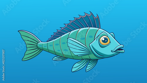 In the ocean depths a unique species of fish roams. Its body is covered in tiny iridescent scales that shimmer in the sunlight. With large powerful. Cartoon Vector.
