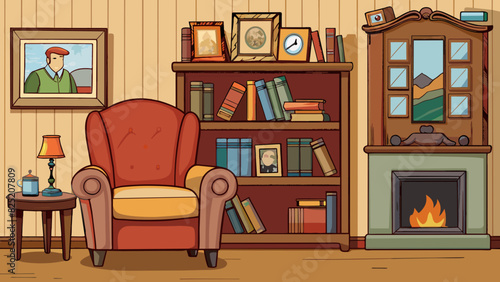In the living room a traditional bookshelf made of dark wood is filled with worn leatherbound books and a few family photo frames. A cozy tufted. Cartoon Vector.