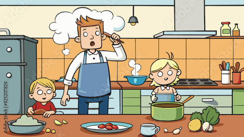 In the kitchen pots and pans clanged as a busy parent cooked up a delicious dinner for the family. The smell of garlic and es filled the room making. Cartoon Vector.