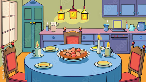 In the kitchen the soft glow of candlelight illuminated the dining table set with delicate china and sparkling silverware. The aroma of freshly cooked. Cartoon Vector.