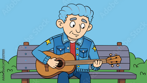 In the park a man sat on a bench with his guitar strumming a gentle melody. He had short gray hair and was wearing a wornout denim jacket covered in. Cartoon Vector.