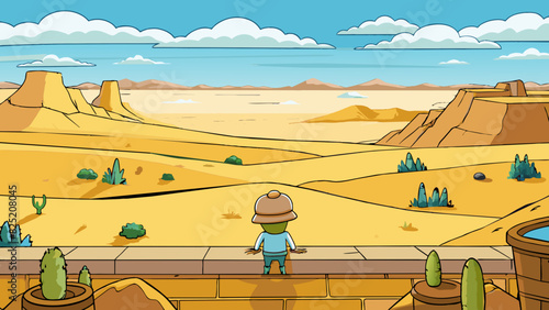 Looking out at the vast extent of the desert one could see nothing but miles of endless sand dunes and occasional s of sp vegetation.. Cartoon Vector.