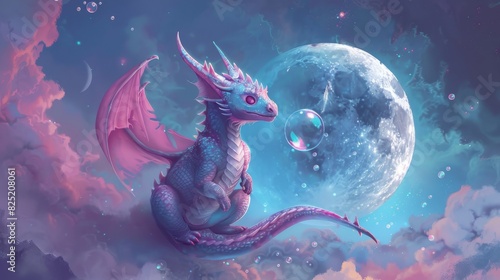 Cute Pink Dragon with a Crescent Moon in the Sky