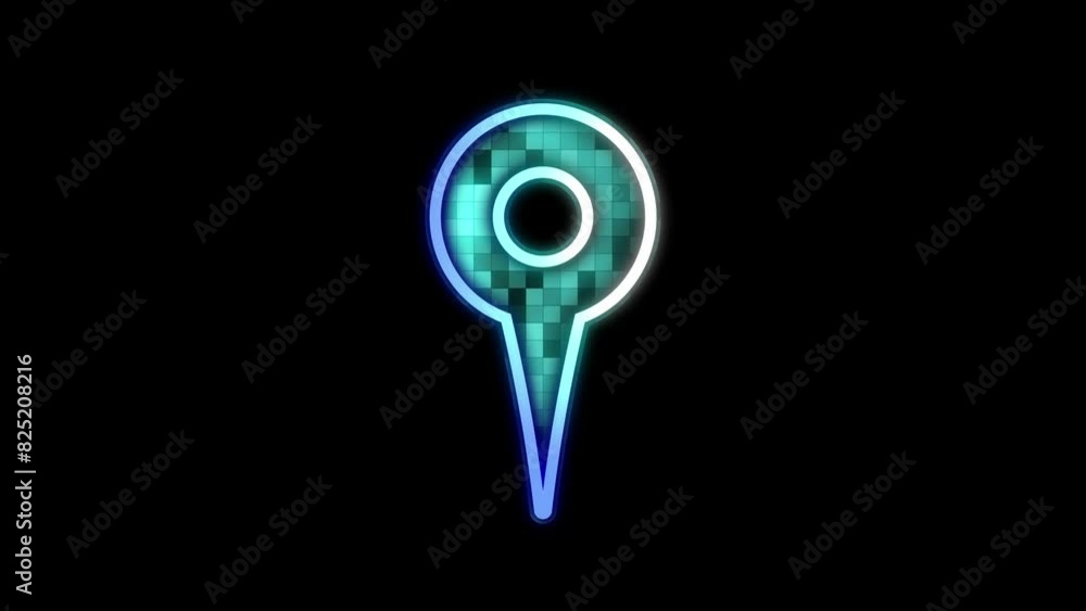 An animated location symbol on a black background. The effect of shimmering squares of different shades of turquoise and blue. Cg An animated location symbol on a black background. The effect of shimmering squares of different shades of turquoise and blue. Cg
