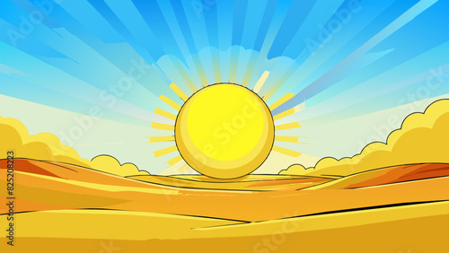 Occur A bright yellow sun rises over the horizon casting its warm light across the vast sandy desert.. Cartoon Vector.