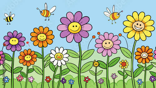 Occur Rows of colorful flowers bloom in a meadow dancing in the wind as bees buzz around them pollinating each one.. Cartoon Vector.