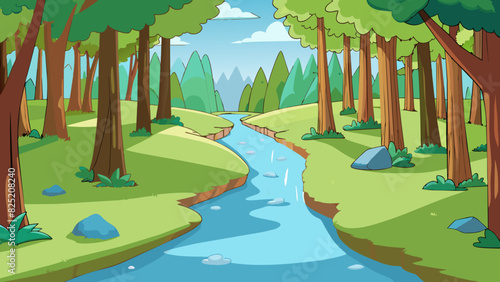 Occur A small bubbling stream winds through the dense forest its crystalclear water reflecting the sunlight filtering through the trees.. Cartoon Vector.