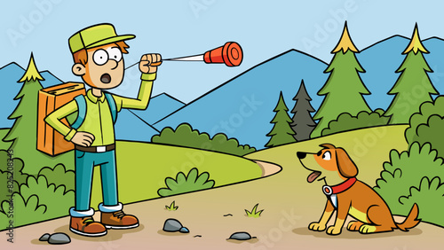 On a hiking trail a hiker notices a lost dog and uses a whistle to call for help. The whistle has a highpitched and loud sound that carries through. Cartoon Vector.