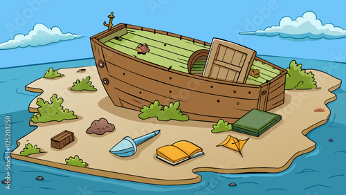On a deserted island a lone shipwreck sits on the shore its wooden hull coated in moss and seaweed. Inside there are remnants of a forgotten crew with. Cartoon Vector.
