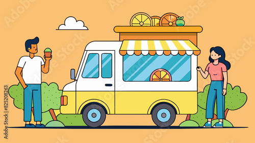 On a warm summer day a couple was standing in front of an ice cream truck trying to decide what flavor to get. The man leaned in to take a whiff of. Cartoon Vector.