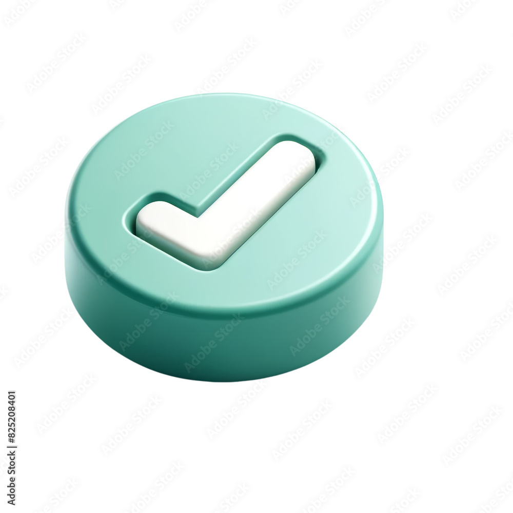Green round button with a white check mark icon isolated on transparent background. 3D approval and validation concept Green round button with a white check mark icon isolated on transparent background. 3D approval and validation concept