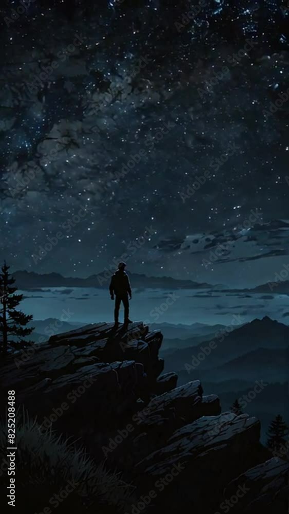 A man standing in the mountains with a view of the galaxy at night. Animation A man standing in the mountains with a view of the galaxy at night. Animation
