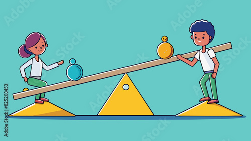 Principle of Balance Two people on opposite ends of a seesaw each person with equal weight and distance from the fulcrum causing the seesaw to remain. Cartoon Vector.