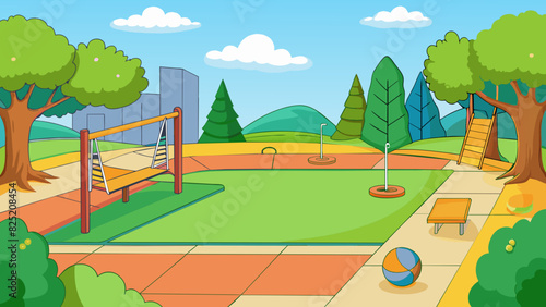 Playground An open area with a grassy field and various playground equipment such as swings slides and monkey bars. There are also basketball and. Cartoon Vector.