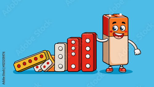 Principle of Cause and Effect A domino standing upright able to topple over and knock down a series of other dominos when pushed.. Cartoon Vector.
