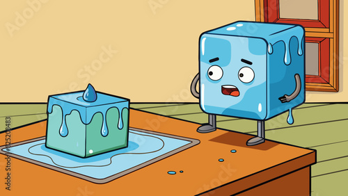 Proving an ice cube is melting by leaving it out at room temperature and watching it turn from solid to liquid.. Cartoon Vector.