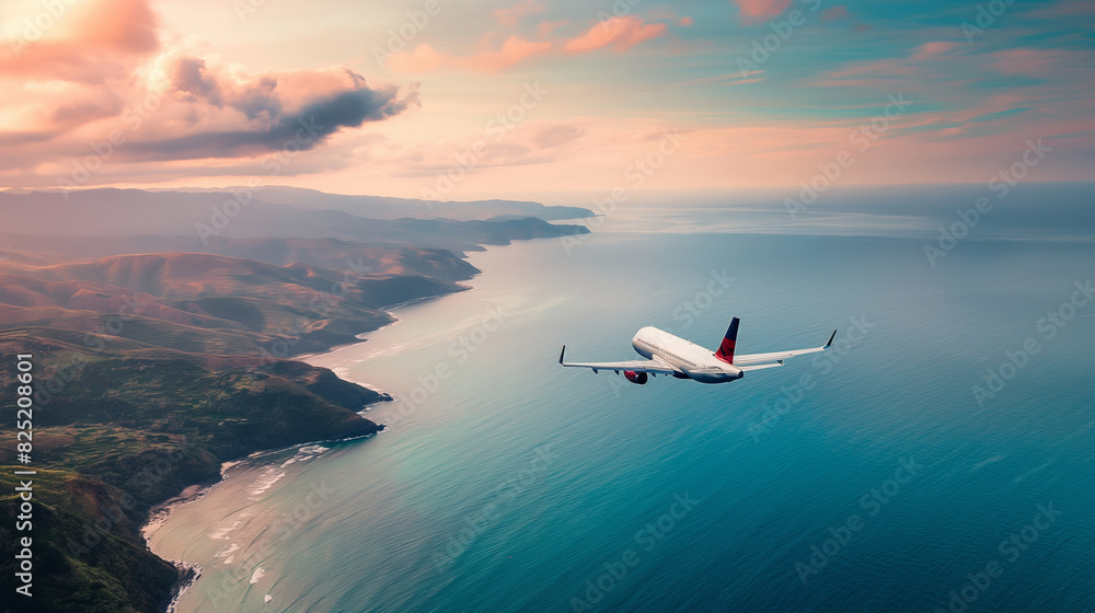 A large passenger plane is landing near ocean cost. Airplane flying over the seashore. A large passenger plane is landing near ocean cost. Airplane flying over the seashore.