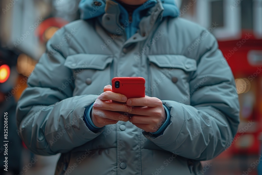 A person is holding a red iPhone in their hand while wearing a blue jacket
