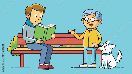 Sharing a book with a stranger A person sitting on a bench reading a book is approached by a stranger who asks to borrow it. The person willingly. Cartoon Vector.