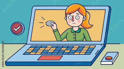 She clicked the off button on her laptop causing the screen to go black and all the lights on the keys to turn off. The laptop itself emitted a quiet. Cartoon Vector.