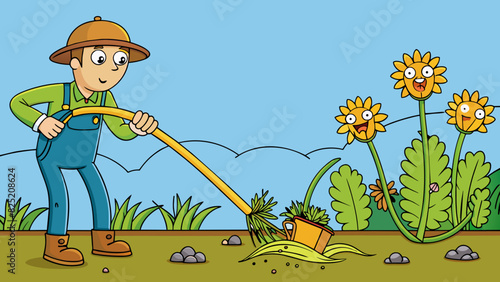 Removing Weeds This requires uprooting unwanted plants from a garden or yard pulling out their long twisting roots to prevent regrowth.. Cartoon Vector.