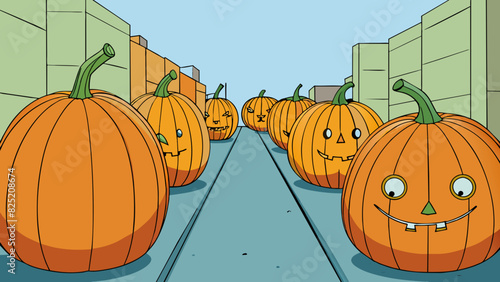 Pumpkins line the streets displaying their various shapes and sizes as they wait to be turned into jackolanterns or warm comforting pies. Their smooth. Cartoon Vector.