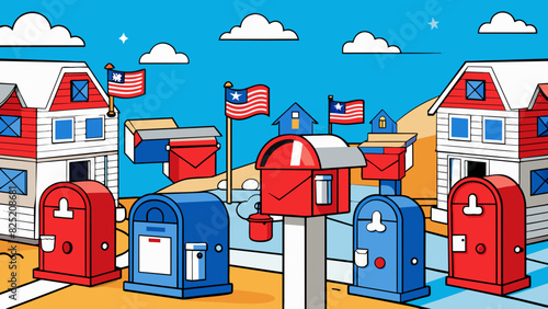 Rows of bright red white and blue mailboxes line the streets each adorned with a small flag and overflowing with letters and packages. A postal worker. Cartoon Vector.