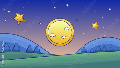 Since the sun set the sky has turned a deep shade of navy blue. The stars have started to le and the moon is shining brightly casting a soft glow on. Cartoon Vector.