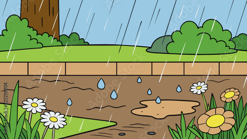 Since the rain started the ground has become slick and muddy. Puddles have formed on the pavement and the flowers and grass are glistening with. Cartoon Vector.