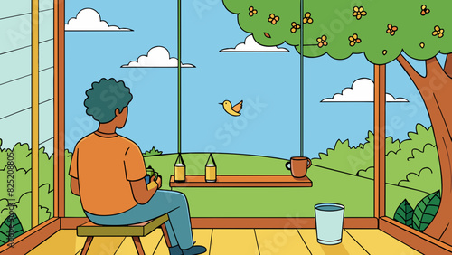 Sitting on the porch swing I watched as the birds flew back and forth between the trees their chirping adding to the peaceful atmosphere. A glass of. Cartoon Vector.