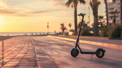 Electric scooter on an empty sea promenade. Rental of electric vehicles for walks on the embankment near the sandy beach. photo