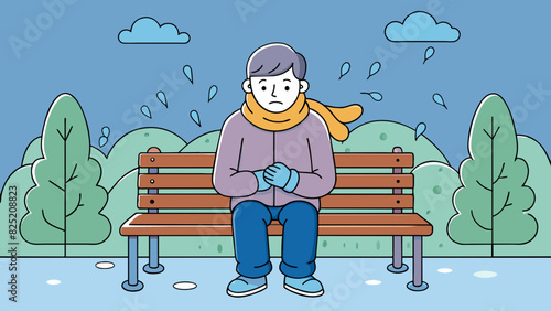 Sitting on a metal park bench the chill of the metal seeps through your clothing leaving you shivering and seeking warmth. The trees around you are. Cartoon Vector.