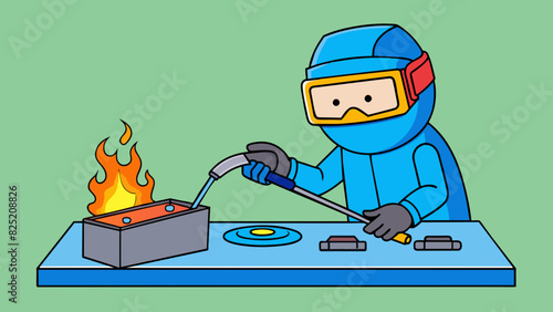 Soldering The process of using a heated tool to melt and join two metal surfaces together. The tool has a narrow tip and emits a blue flame when. Cartoon Vector.