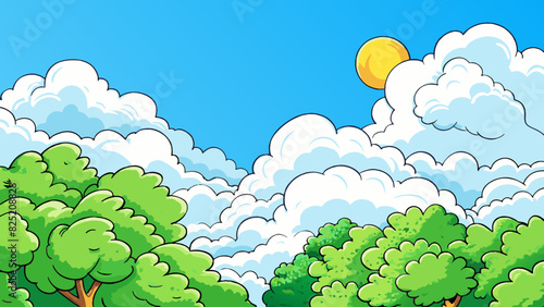 Soft billowy clouds dotted the sky providing occasional relief from the blazing sun. The vibrant green leaves of the trees rustled in the warm breeze. Cartoon Vector.