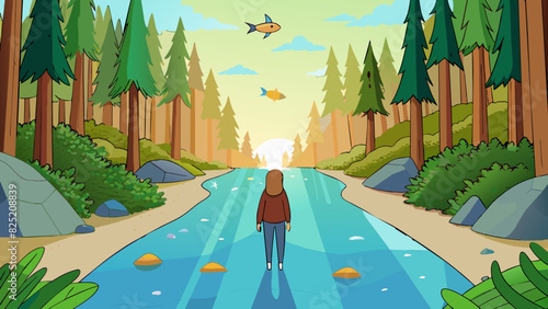 Standing at the edge of a dense forest you take in the sights and smells of nature at its finest. Towering evergreen trees form a protective canopy. Cartoon Vector.