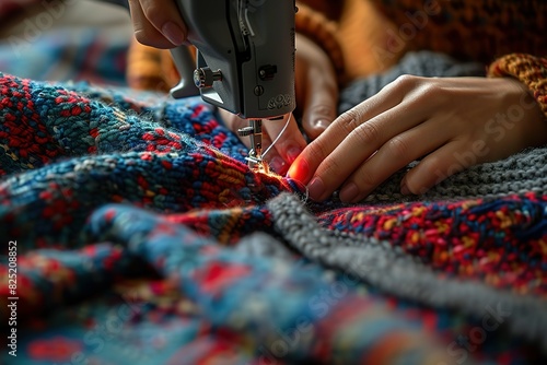 A person is sewing a sweater with a sewing machine photo